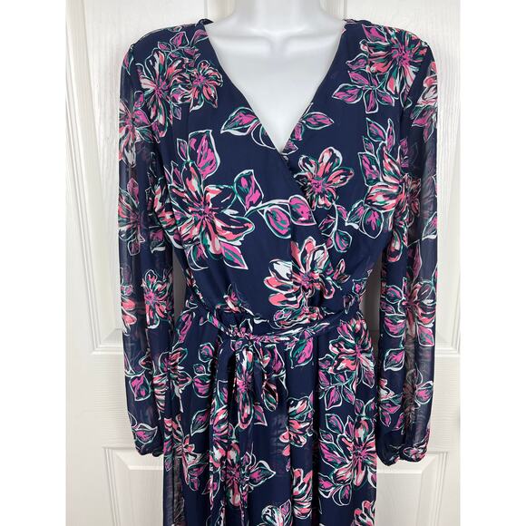 New Look Chiffon Long Sleeve Blue Floral Maxi Dress Size Medium Bohemian - Picture 10 of 10